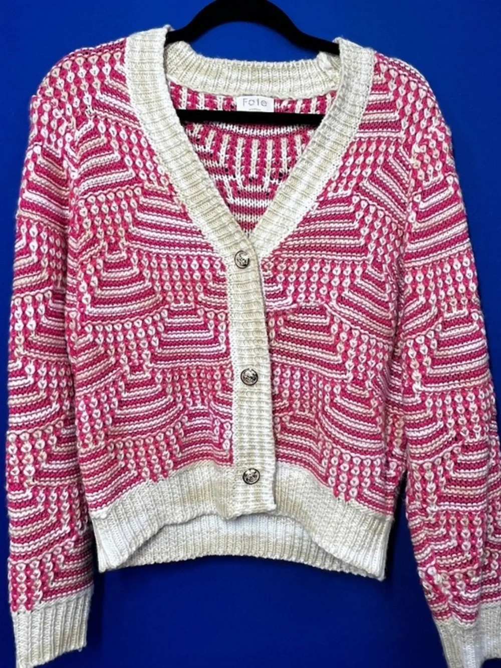 |•FATE•| Cute Pink White & Tan Cardigan Sweater Size Medium